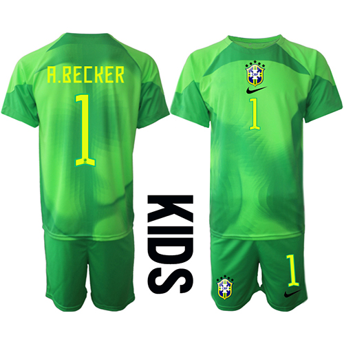 Camisa de Futebol Brasil Alisson Becker #1 Goleiro Equipamento Secundário Infantil Mundo 2022 Manga Curta (+ Calças curtas)